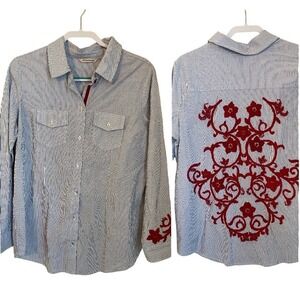 Soft Surroundings Size L Blue White Striped Red Embroidered Button Down Shirt